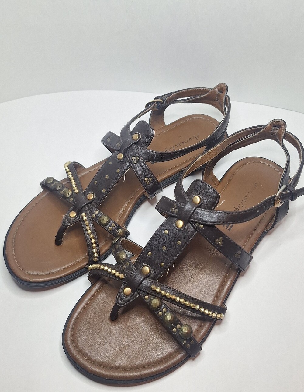 American Eagle Gladiator Strappy Sandals Brown Flat Size 8 Gold Embellishments